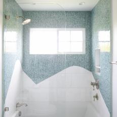 Blue Shower With Two-Tone Backsplash