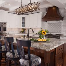 Traditional Chef Kitchen With Blue Barstools