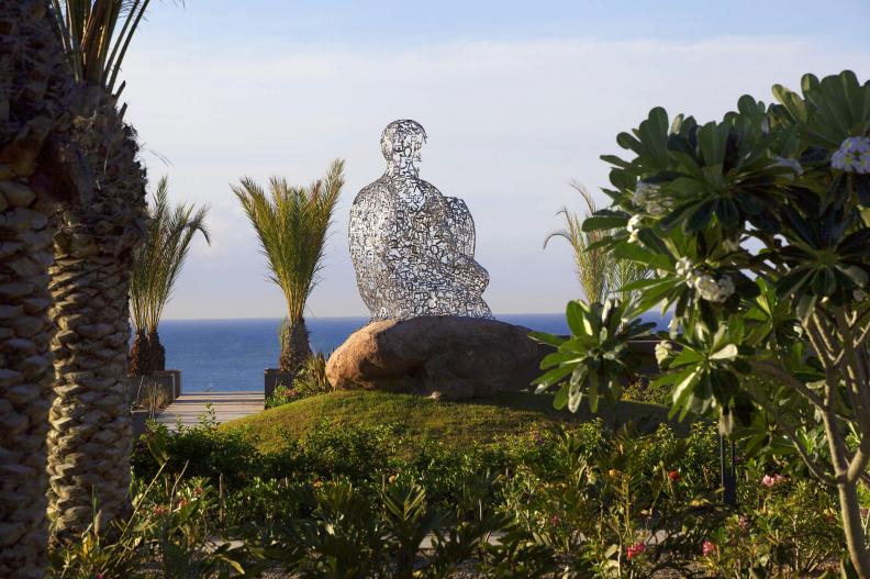 A striking feature of the JW Marriott Los Cabos is its striking architecture combined with incredible contemporary artwork. The international art collection incorporated into the design is a marvel of its own with painting and sculpture from artists in Mexico, Spain, the Netherlands, Poland and Cuba mixed in with work by local artisans in the guest rooms. Shown here, Spanish artist Jaume Plensa's "Soul XII," which beckons guests with its dramatic, sea-facing placement.