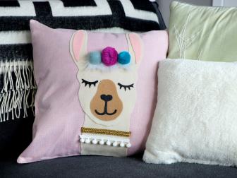 Pink Pillow with Cream Felt  Llama Design 