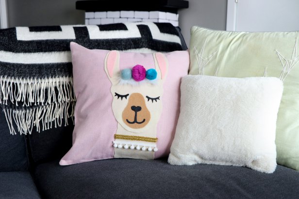 Pink Llama Pillow with cream Llama Head Pattern 