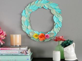 Green and Blue Wreath with Pink, Yellow and Orange Cardstock Flowers 