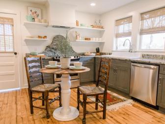 As seen on Home Town, the Register residence has been fully renovated by Ben and Erin Napier. The new kitchen now boasts all new appliances, cabinetry, countertops, and a custom built table by Ben. (Plate)