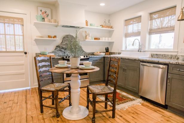 As seen on Home Town, the Register residence has been fully renovated by Ben and Erin Napier. The new kitchen now boasts all new appliances, cabinetry, countertops, and a custom built table by Ben. (Plate)