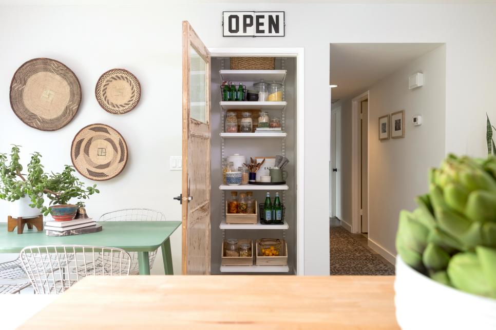 open shelves with baskets