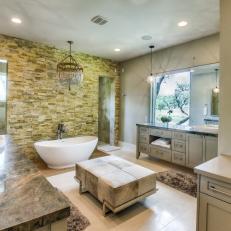 Neutral Spa Bathroom With Chandelier