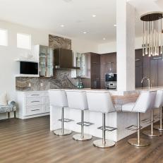 White Modern Open Plan Kitchen and Barstools