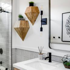 Faceted Wooden Shelves in Black and White Contemporary Bathroom 