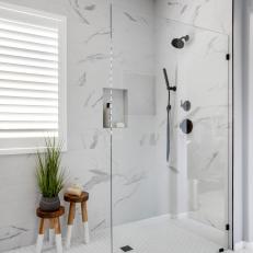 Glass-Walled Shower in Minimalist White Master Bath 