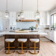 White Transitional Chef Kitchen With Cone Pendants