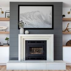 Gray Fireplace Wall and Open Shelving