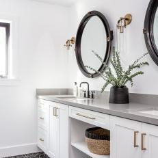 Gray Double Vanity Bathroom With Black Mirrors