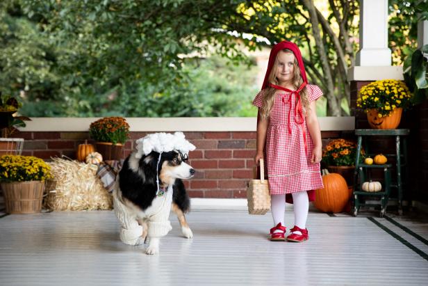 This girl and dog are dressed up as Little Red Riding Hood and the Big Bad Wolf. The DIY costumes are made from inexpensive, easy-to-find items and require minimal time and effort. The adorable costume is perfect for a girl and her dog to wear trick-or-treating.