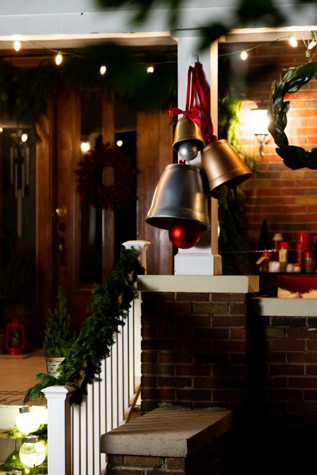 DIY Oversized Christmas Bells Hanging From Porch Post