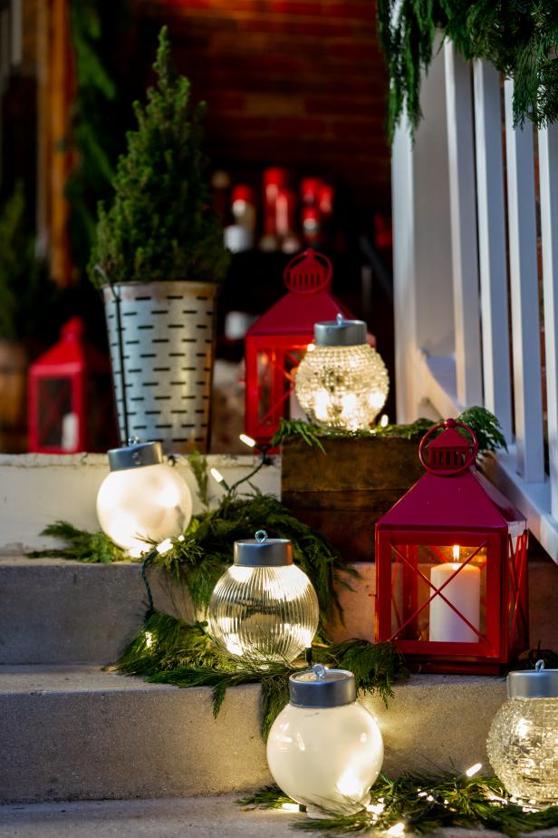 DIY Oversized Glass Ornaments Leading Up Porch Steps