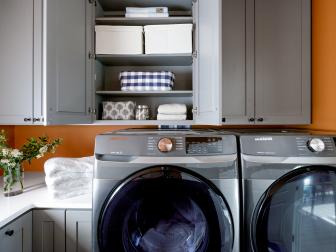 Laundry Room Cabinet With Checkered Bin