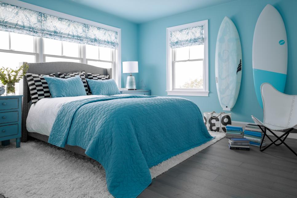 Blue Bedroom With Surfboards
