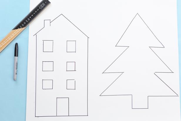 These simplistic drawings of a building and tree are to be utilized as silhouettes in a Christmas village window display. The display uses double-sided clear tape as a means of mounting for enjoyment on both sides of the glass.