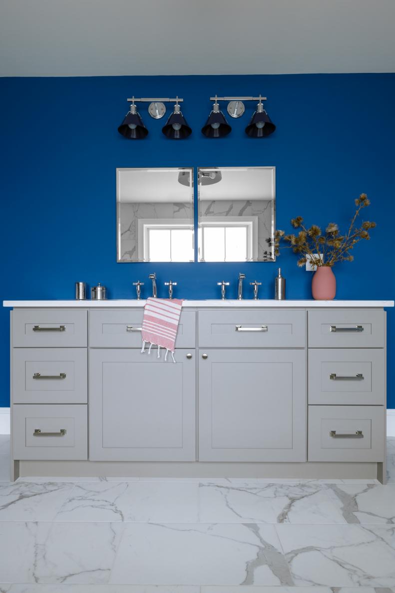 Blue Bathroom With Gray Double Vanity