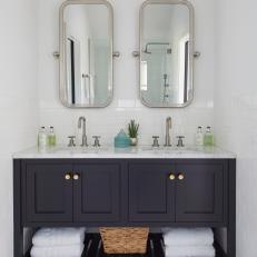 Transitional Bathroom With Navy Vanity