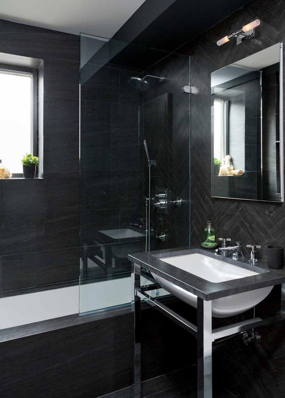 Black Modern Small Bathroom With Plant, Modern Small Bathroom