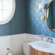 Blue Transitional Powder Room With Silk Wallpaper