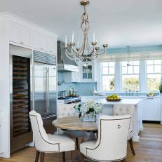 Blue Traditional Eat In Kitchen WIth Chandelier