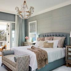 Blue Traditional Bedroom With Feather Chandelier