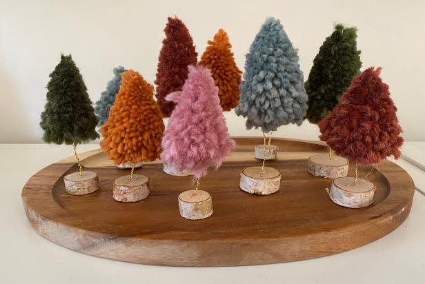 Colorful Yarn Christmas Trees on Piece of Round Wood Display