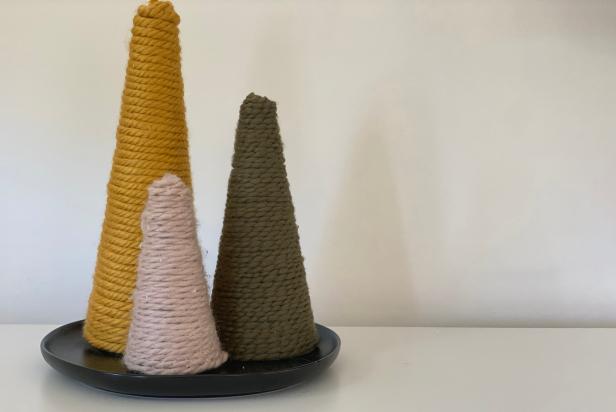 Colorful Yarn Wrapped Floral Cone Trees on Table Display 
