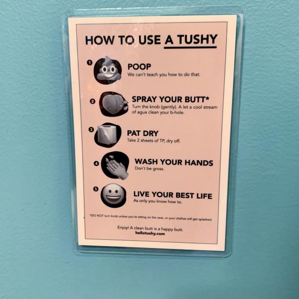 Also included in the TUSHY Classic bidet seat attachment box was a laminated card (with peel-and-stick Velcro for mounting onto the bathroom wall) with instructions for how to use it,