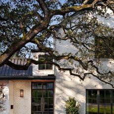 White Brick Front Exterior and Oak Tree