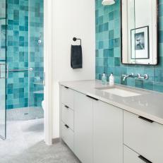 Bathroom With Blue Square Tiles