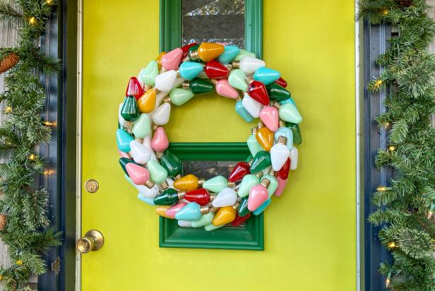 HGTV Handmade’s Liz Gray shares her step-by-step process to make a colorful, retro wreath for the holidays. To make, you will need clear bulb ornaments, acrylic paint in assorted colors, a foam wreath form, gold gilding wax and a low-temp hot glue gun.