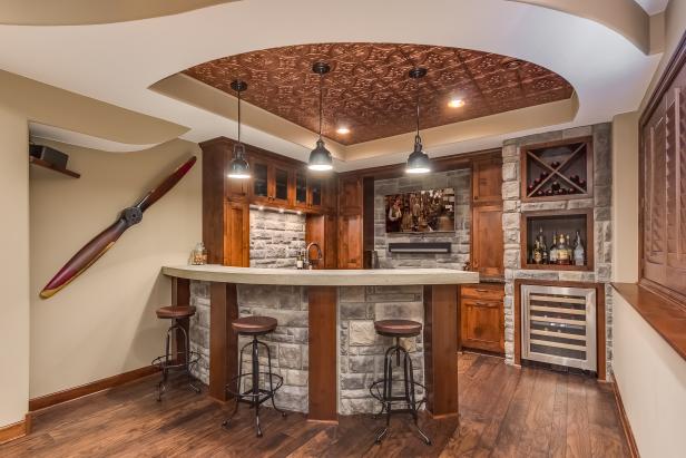 Basement Kitchen with Copper Cladded Tray Ceiling
