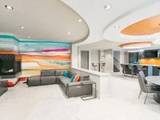 Modern Finished Basement with Hand-Painted Walls and Ceiling