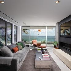 Gray Modern Family Room With Ocean View