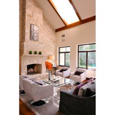 Neutral Transitional Living Room With Skylight
