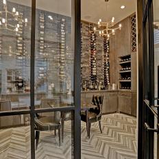 Gray Wine Room With Herringbone Floor