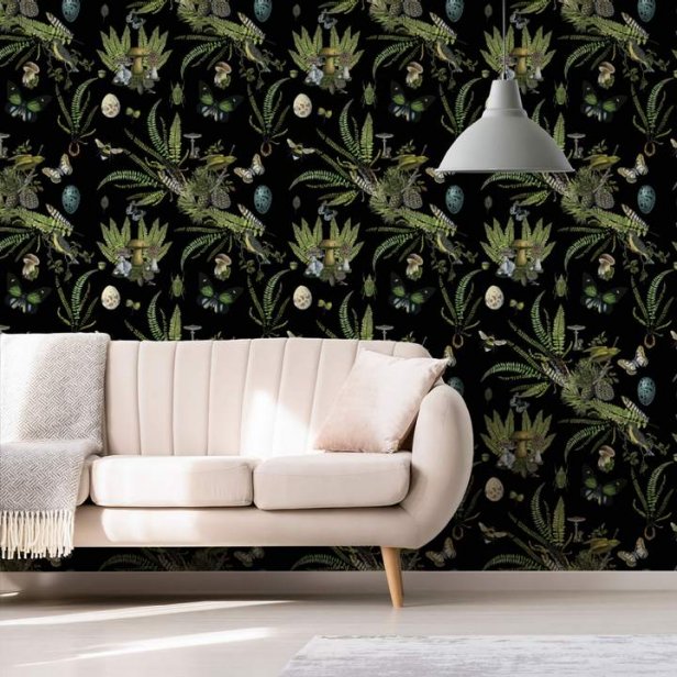 Black wallpaper with ferns and eggs.