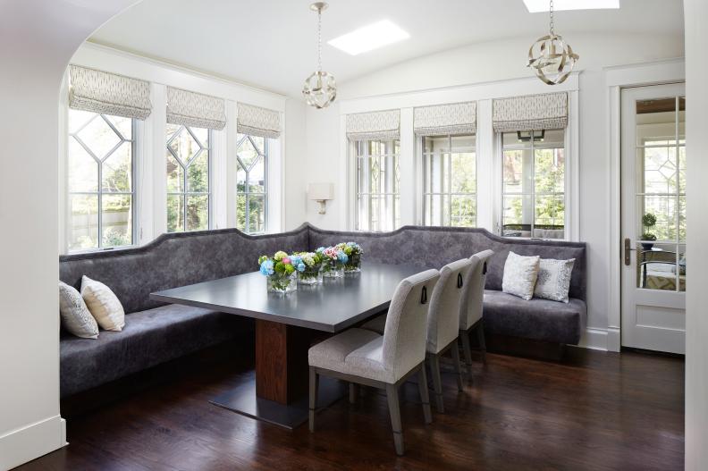 This breakfast nook includes skylights and a banquette.