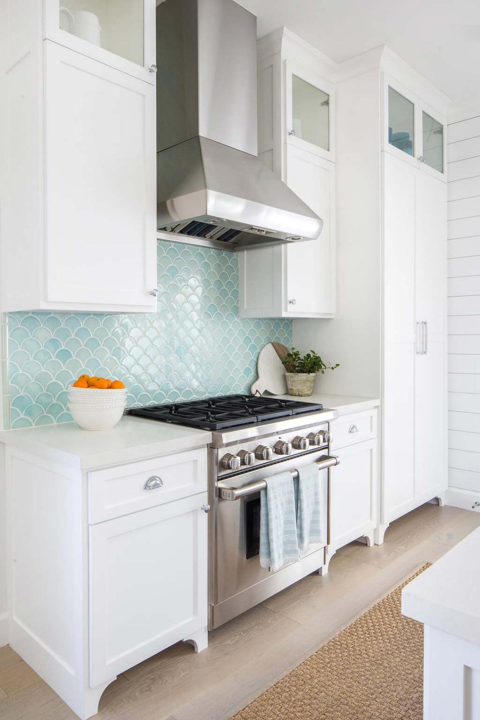 White Transitional Kitchen With Blue Backsplash | HGTV