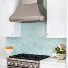 White Transitional Kitchen With Blue Scale Tiles