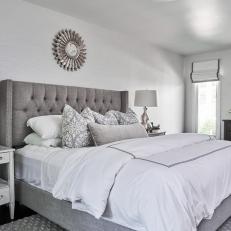 Silver Transitional Bedroom With Sunburst Mirror