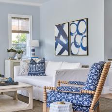 Blue and White Transitional Living Room With Spool Chair