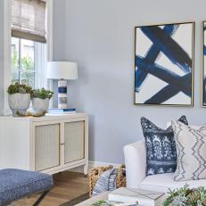 Gray and Blue Transitional Living Room With Blue Books