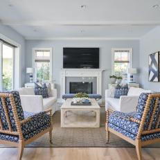 Blue Transitional Living Room With Spool Chairs