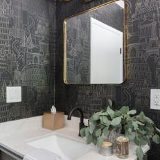 Gray Contemporary Powder Room With Building Wallpaper