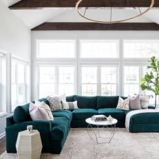 Transitional Living Room With Blue Green Sectional