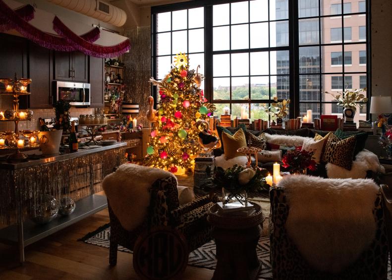 Open plan loft with holiday decorations.